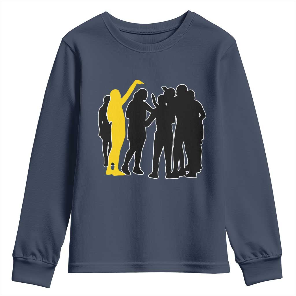 Viral Basketball Pointing Huddle Youth Sweatshirt Funny Women Sports Culture Meme Yellow Silhouette Graphic TS02 Navy Print Your Wear