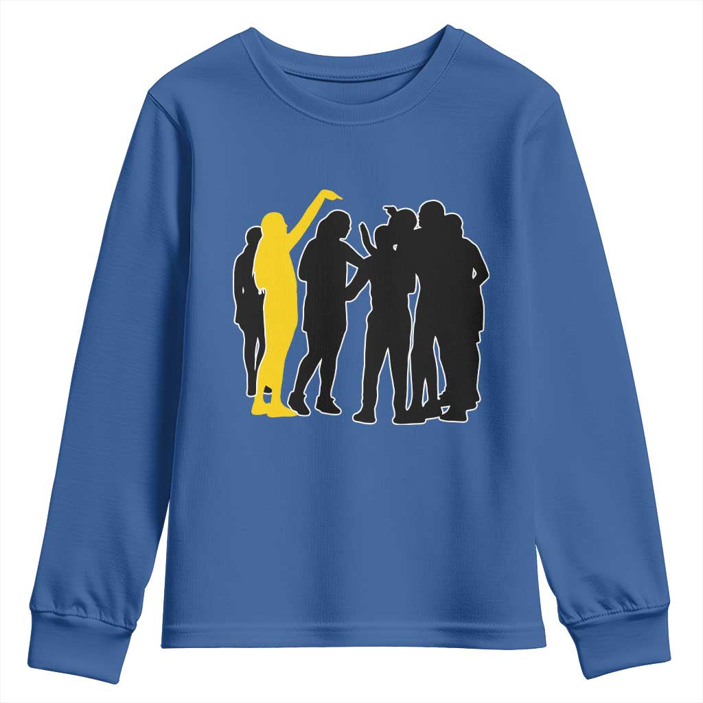 Viral Basketball Pointing Huddle Youth Sweatshirt Funny Women Sports Culture Meme Yellow Silhouette Graphic TS02 Royal Blue Print Your Wear