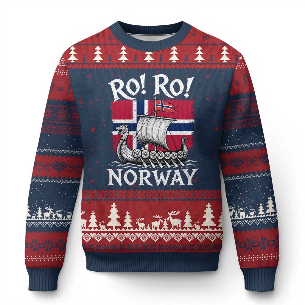 Funny Norway Viking Longship Ro Ro Ugly Christmas Sweater Vintage Norge Norwegian Flag Football Fans TS02 Navy Red Print Your Wear