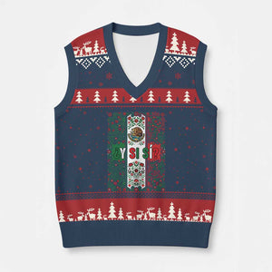 Y Si Si Mexican Flag Floral Folk Art V-Neck Knit Sweater Vest Viva Mexico Pride for Soccer Football Fans TS02 Navy Red Print Your Wear