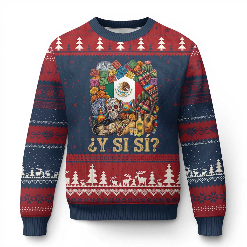 Y Si Si Mexican Flag Fiesta Taco Tequila Sugar Skull Graphic Ugly Christmas Sweater What If Mexico Party Culture Performance TS02 Navy Red Print Your Wear