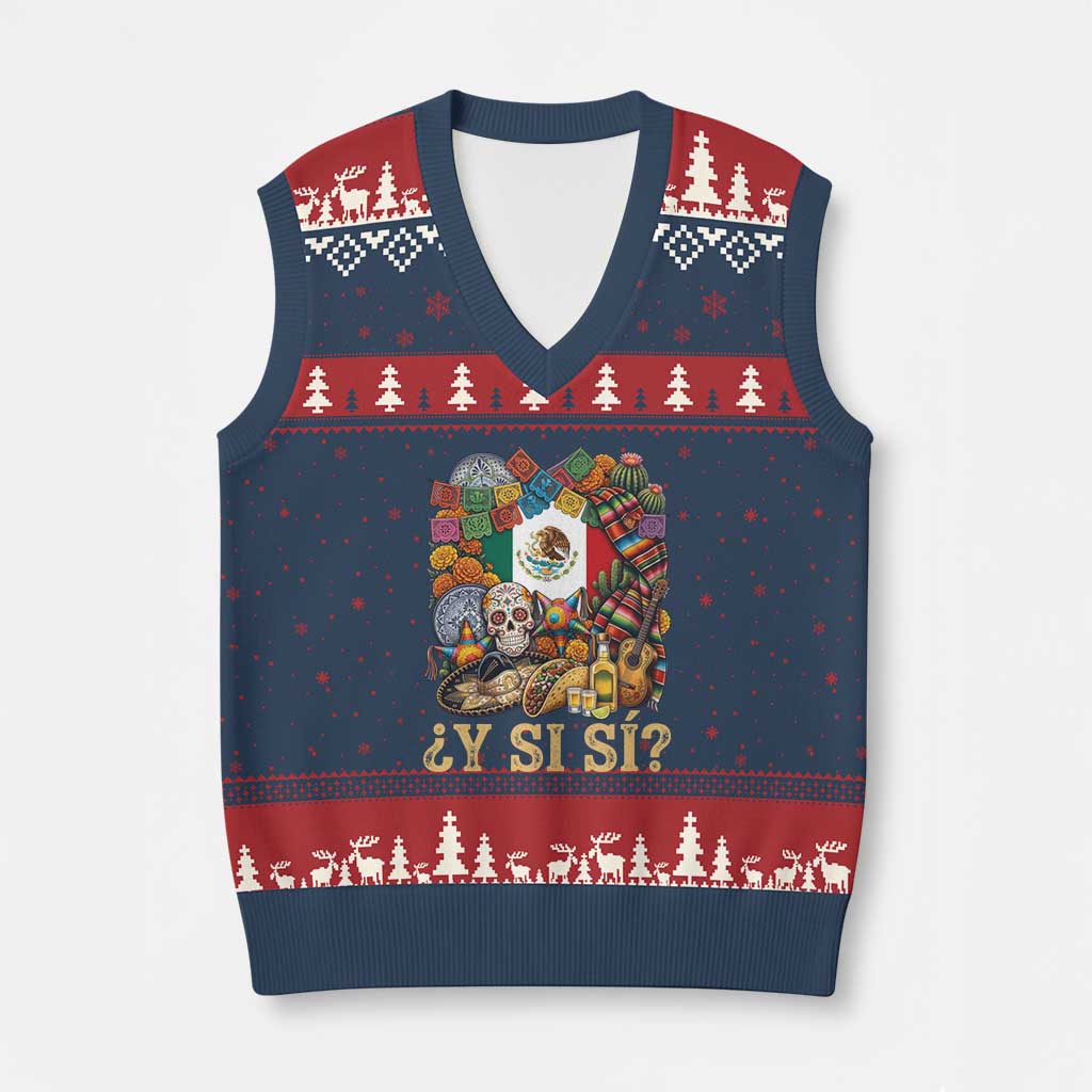 Y Si Si Mexican Flag Fiesta Taco Tequila Sugar Skull Graphic V-Neck Knit Sweater Vest What If Mexico Party Culture Performance TS02 Navy Red Print Your Wear