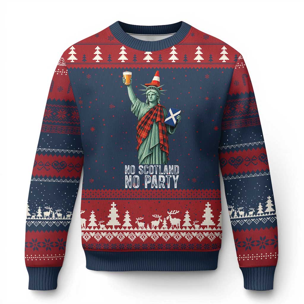 No Scotland No Party Funny Statue of Liberty Celebration Ugly Christmas Sweater Saltire Flag Glasgow Cone Scottish Football Fans TS02 Navy Red Print Your Wear