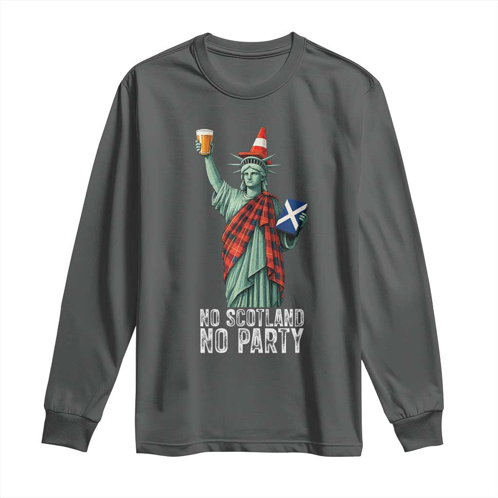 No Scotland No Party Funny Statue of Liberty Celebration Long Sleeve Shirt Saltire Flag Glasgow Cone Scottish Football Fans TS02 Dark Heather Print Your Wear