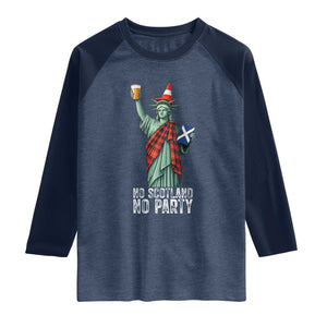 No Scotland No Party Funny Statue of Liberty Celebration Raglan Shirt Saltire Flag Glasgow Cone Scottish Football Fans TS02 Heather Denim Navy Print Your Wear
