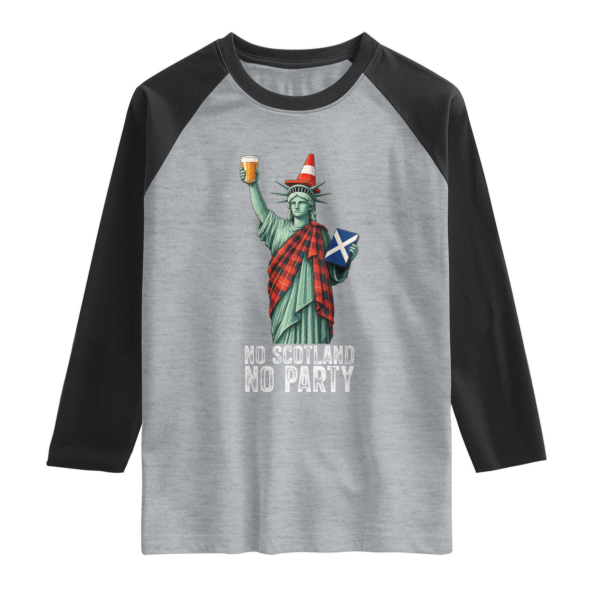 No Scotland No Party Funny Statue of Liberty Celebration Raglan Shirt Saltire Flag Glasgow Cone Scottish Football Fans TS02 Heather Gray Black Print Your Wear