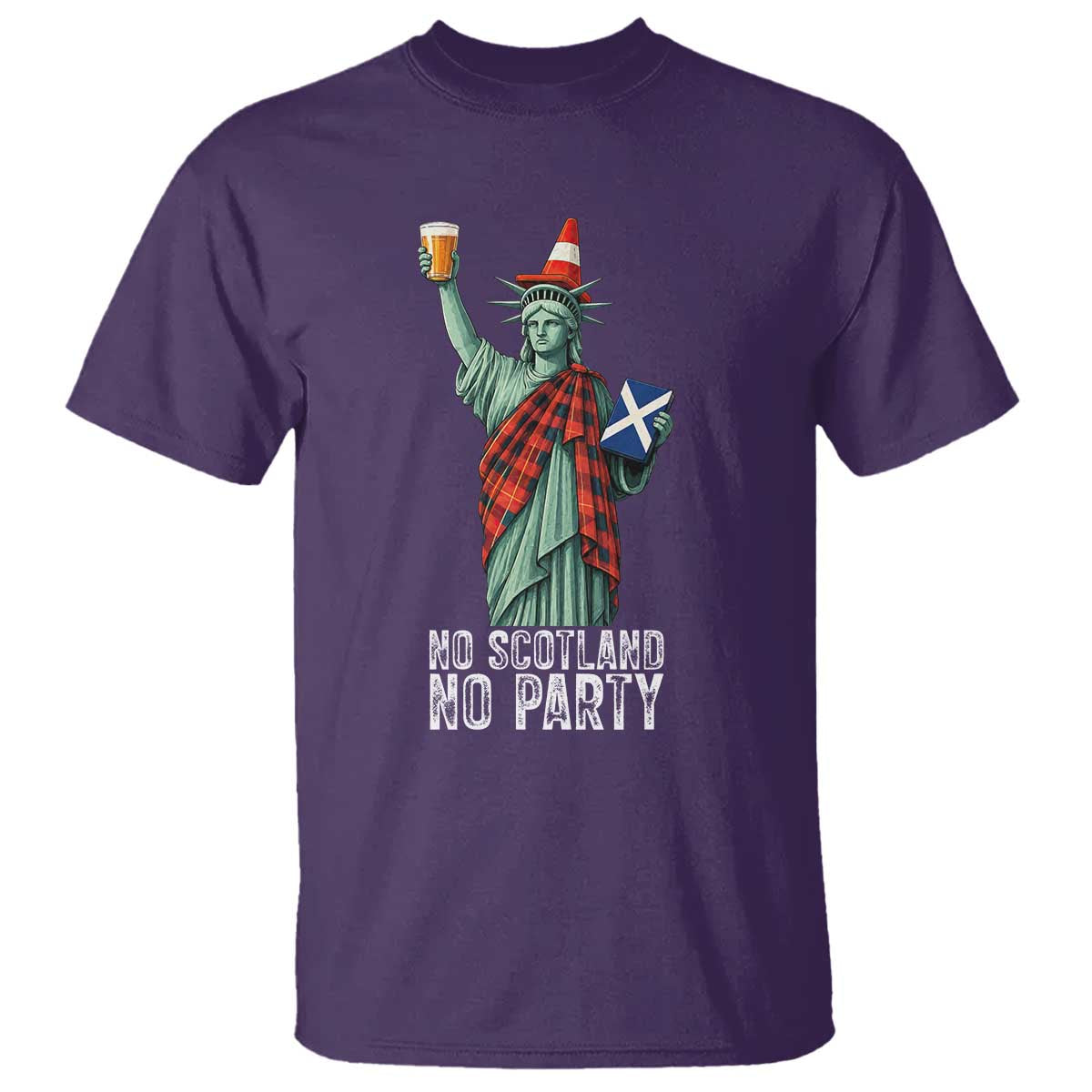 No Scotland No Party Funny Statue of Liberty Celebration T Shirt Saltire Flag Glasgow Cone Scottish Football Fans TS02 Purple Print Your Wear