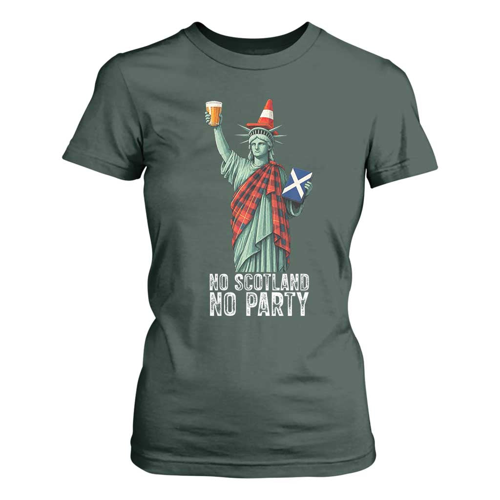 No Scotland No Party Funny Statue of Liberty Celebration T Shirt For Women Saltire Flag Glasgow Cone Scottish Football Fans TS02 Dark Forest Green Print Your Wear