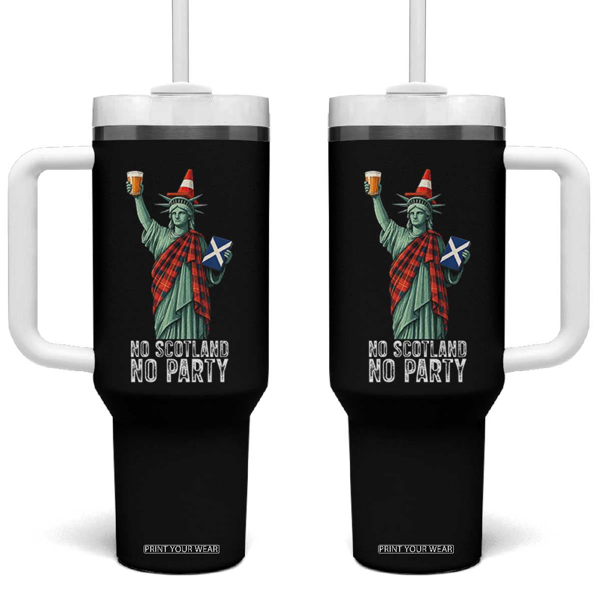 No Scotland No Party Funny Statue of Liberty Celebration Tumbler With Handle Saltire Flag Glasgow Cone Scottish Football Fans TS02 One Size: 40 oz Black Print Your Wear