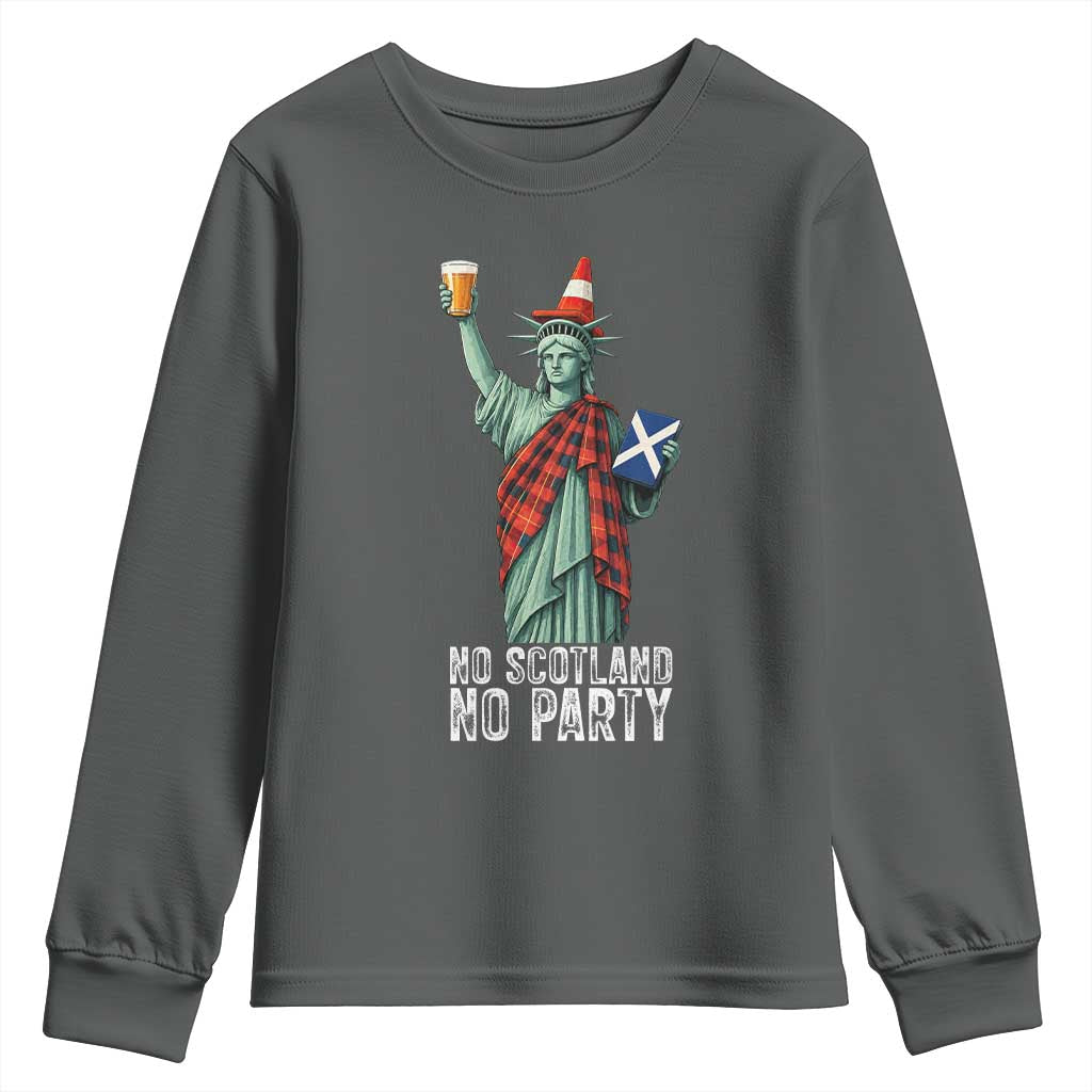 No Scotland No Party Funny Statue of Liberty Celebration Youth Sweatshirt Saltire Flag Glasgow Cone Scottish Football Fans TS02 Dark Heather Print Your Wear