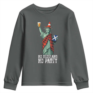 No Scotland No Party Funny Statue of Liberty Celebration Youth Sweatshirt Saltire Flag Glasgow Cone Scottish Football Fans TS02 Dark Heather Print Your Wear