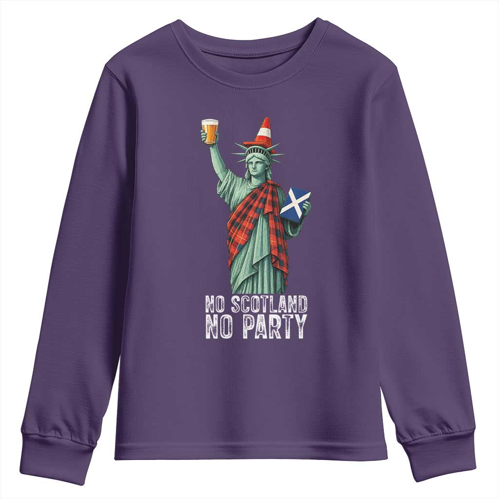 No Scotland No Party Funny Statue of Liberty Celebration Youth Sweatshirt Saltire Flag Glasgow Cone Scottish Football Fans TS02 Purple Print Your Wear