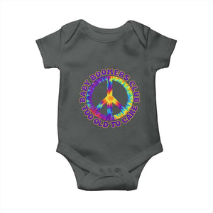 Baby Boomers Club Too Old To Care Retro Tie Dye Effect Printing Baby Onesie Peace Sign Groovy 60s Hippie Humor Graphic TS02 Dark Heather Print Your Wear