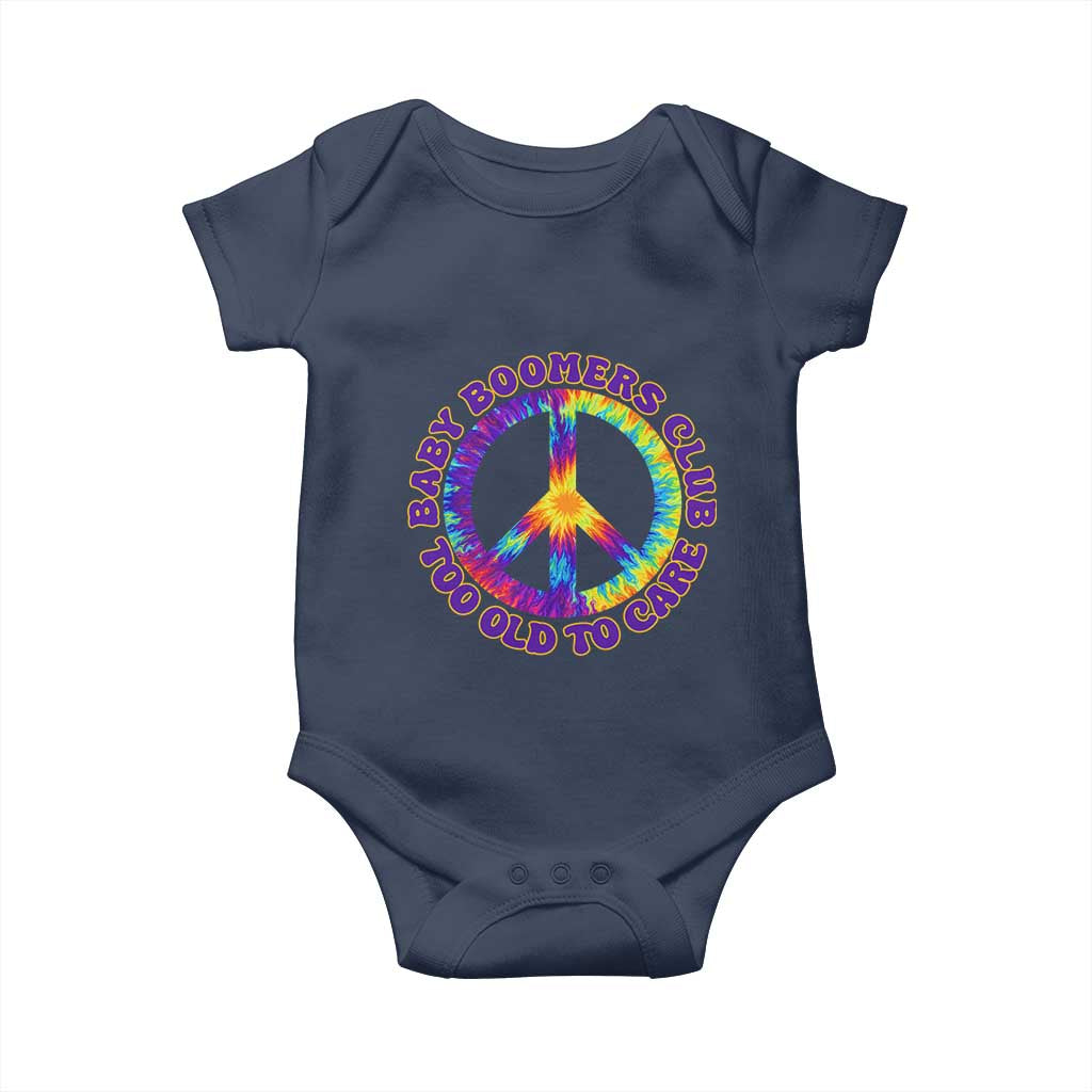 Baby Boomers Club Too Old To Care Retro Tie Dye Effect Printing Baby Onesie Peace Sign Groovy 60s Hippie Humor Graphic TS02 Navy Print Your Wear