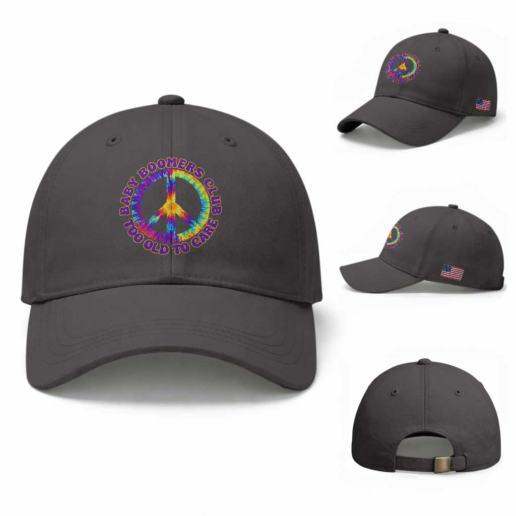 Baby Boomers Club Too Old To Care Retro Tie Dye Effect Printing Baseball Cap Peace Sign Groovy 60s Hippie Humor Graphic TS02 Baseball Cap Universal Fit Dark Gray Print Your Wear