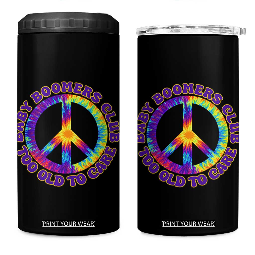 Baby Boomers Club Too Old To Care Retro Tie Dye Effect Printing 4 in 1 Can Cooler Tumbler Peace Sign Groovy 60s Hippie Humor Graphic TS02 One Size: 16 oz Black Print Your Wear