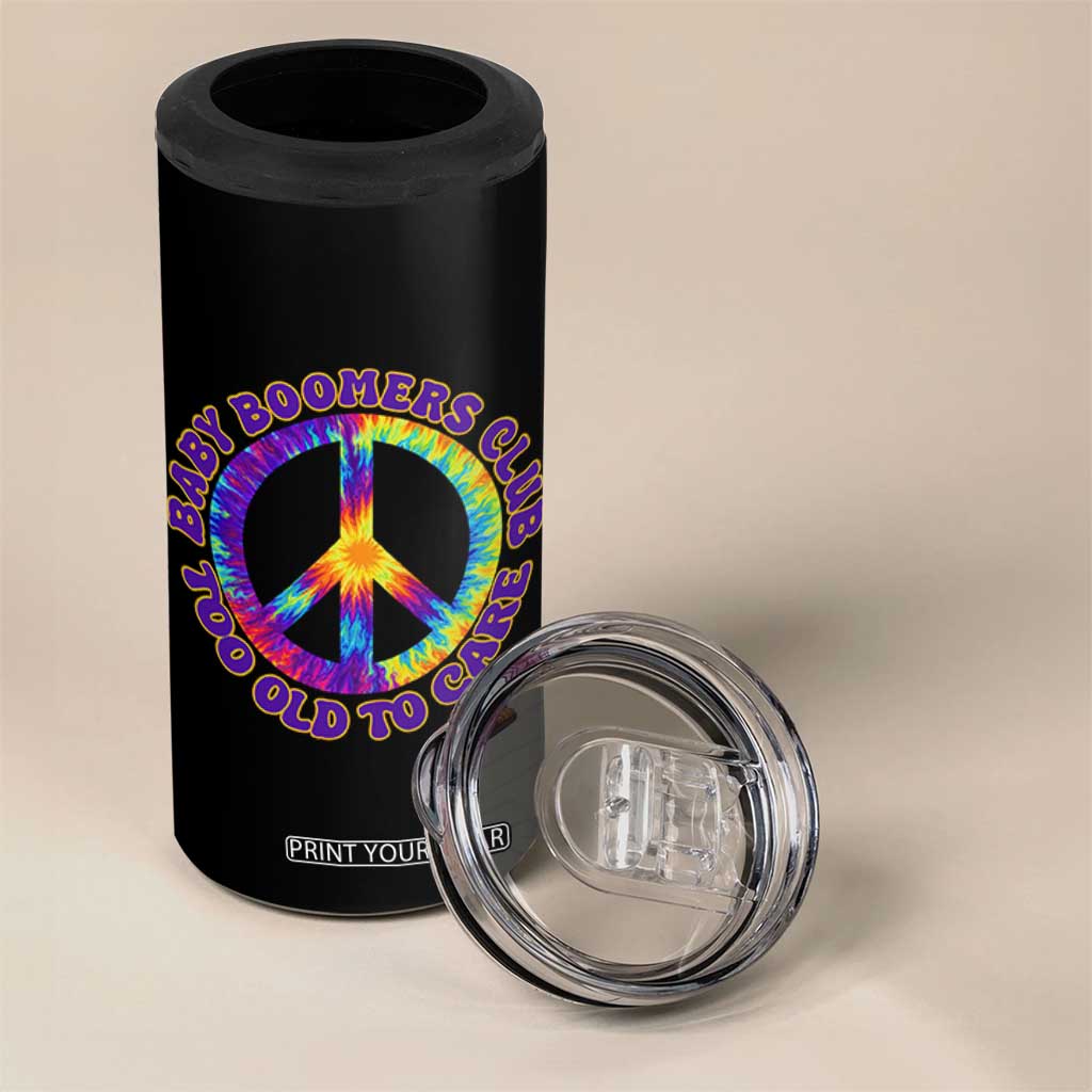 Baby Boomers Club Too Old To Care Retro Tie Dye Effect Printing 4 in 1 Can Cooler Tumbler Peace Sign Groovy 60s Hippie Humor Graphic TS02 Print Your Wear