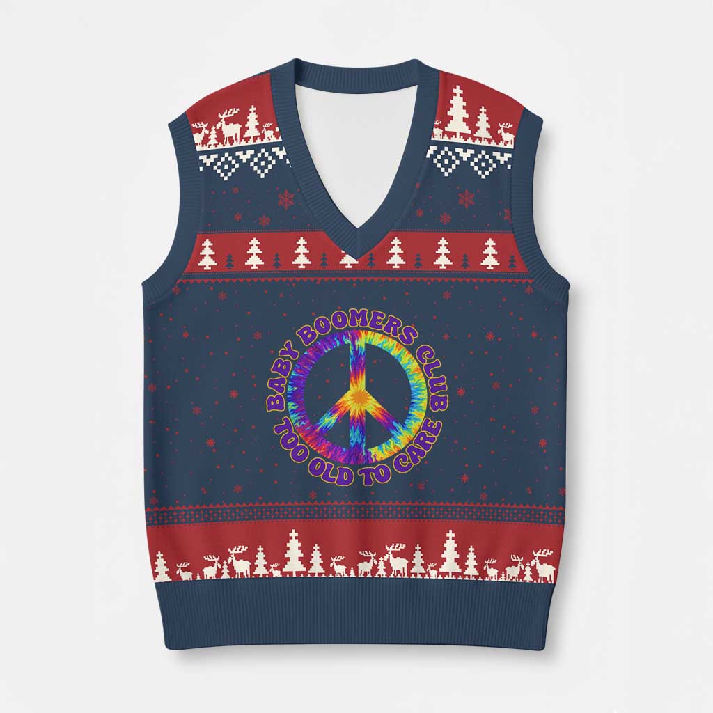 Baby Boomers Club Too Old To Care Retro Tie Dye Effect Printing V-Neck Knit Sweater Vest Peace Sign Groovy 60s Hippie Humor Graphic TS02 Navy Red Print Your Wear