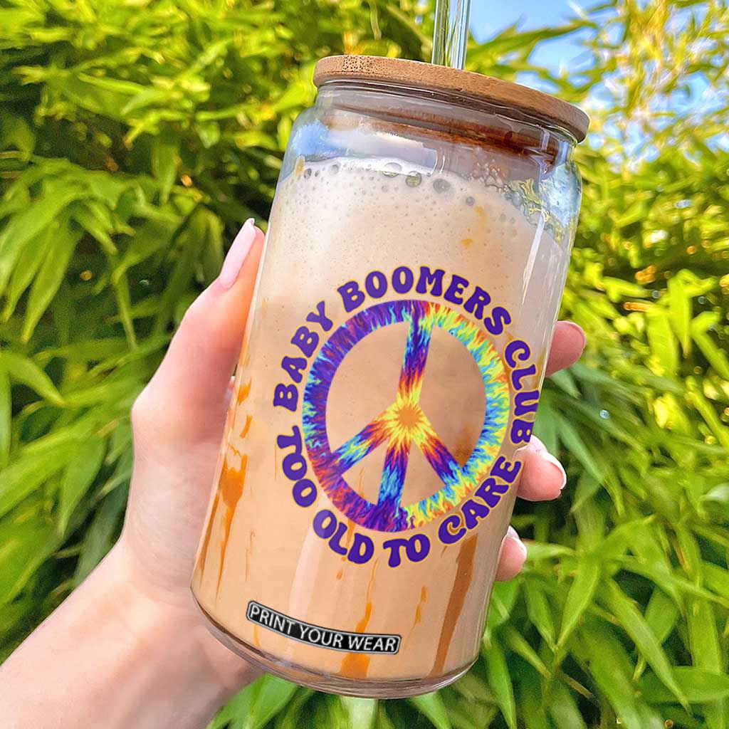 Baby Boomers Club Too Old To Care Retro Tie Dye Effect Printing Glass Can Peace Sign Groovy 60s Hippie Humor Graphic TS02 Black Print Your Wear