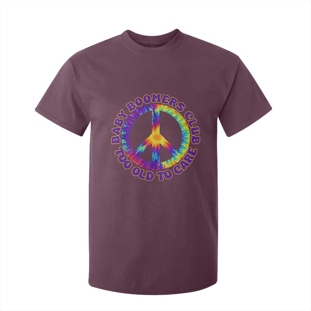 Baby Boomers Club Too Old To Care Retro Tie Dye Effect Printing T Shirt For Kid Peace Sign Groovy 60s Hippie Humor Graphic TS02 Maroon Print Your Wear