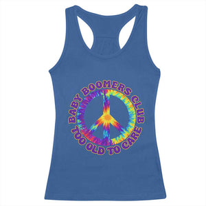 Baby Boomers Club Too Old To Care Retro Tie Dye Effect Printing Racerback Tank Top Peace Sign Groovy 60s Hippie Humor Graphic TS02 Royal Blue Print Your Wear