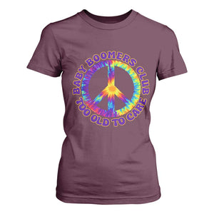 Baby Boomers Club Too Old To Care Retro Tie Dye Effect Printing T Shirt For Women Peace Sign Groovy 60s Hippie Humor Graphic TS02 Maroon Print Your Wear
