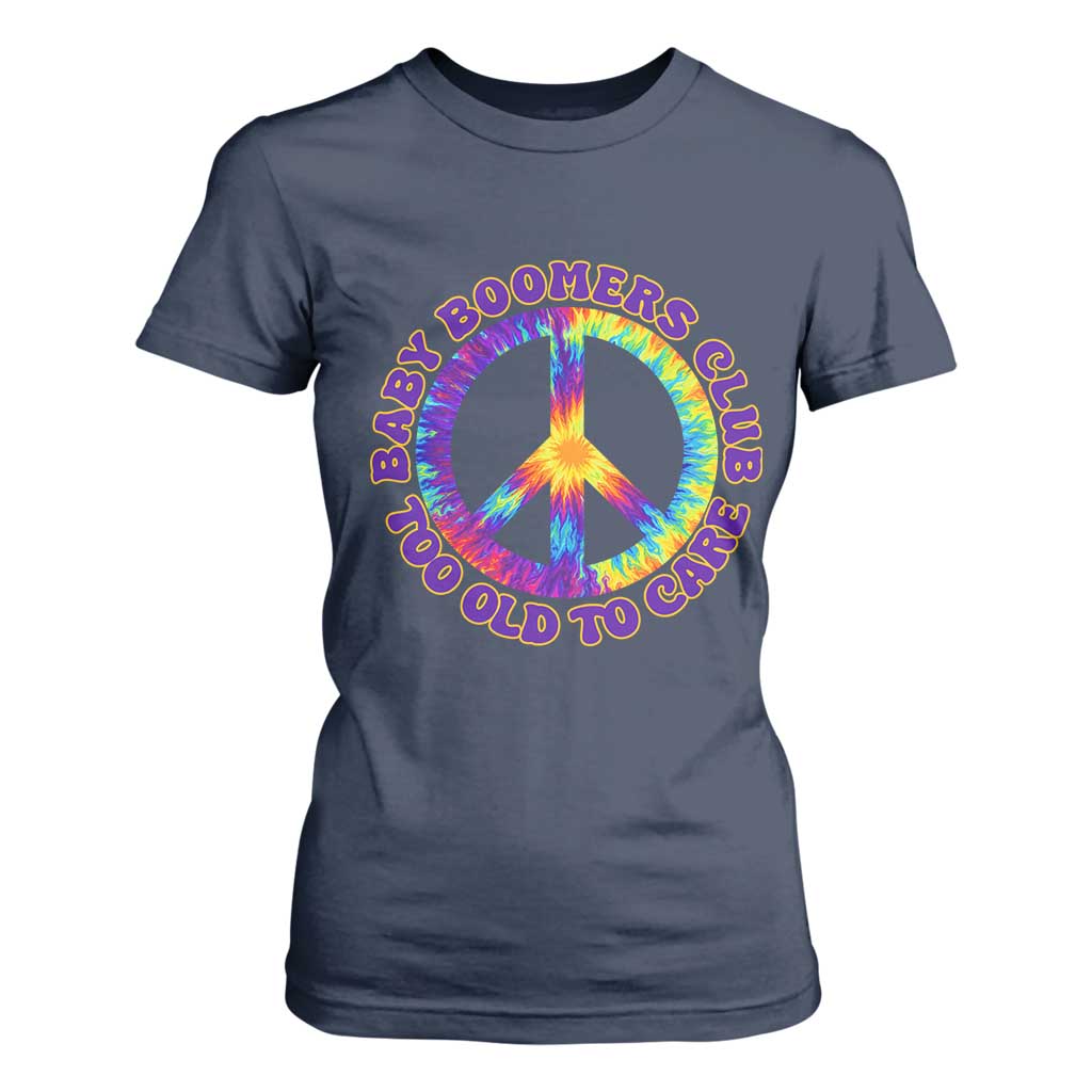 Baby Boomers Club Too Old To Care Retro Tie Dye Effect Printing T Shirt For Women Peace Sign Groovy 60s Hippie Humor Graphic TS02 Navy Print Your Wear