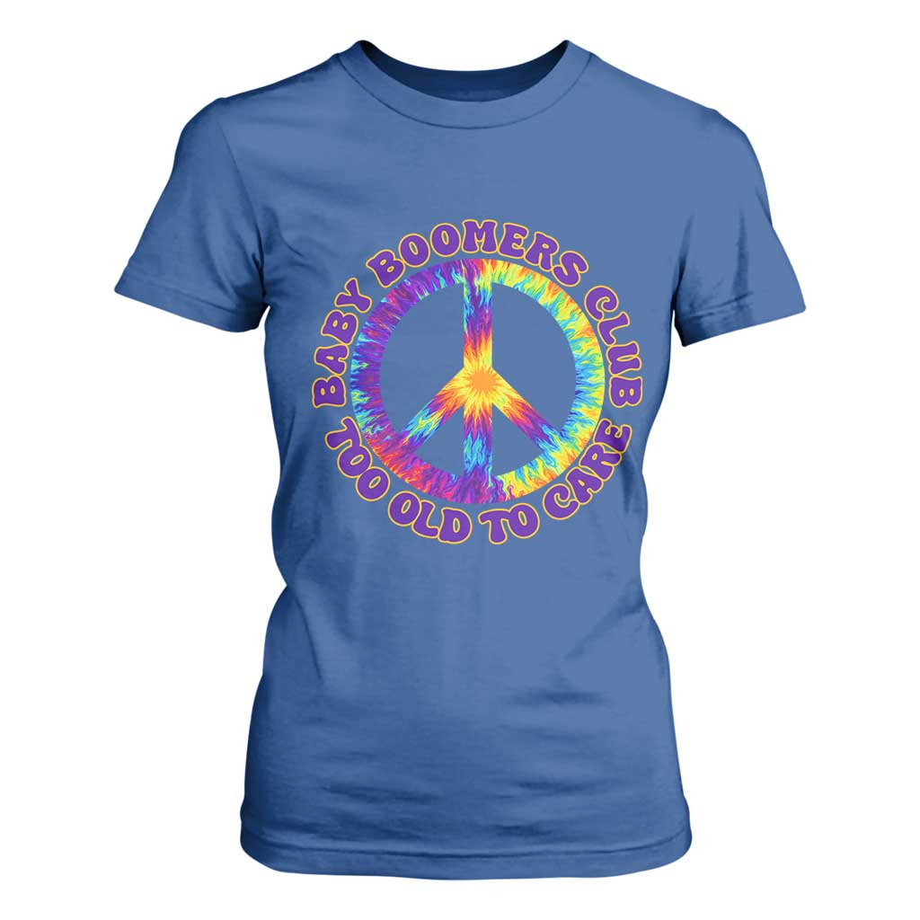 Baby Boomers Club Too Old To Care Retro Tie Dye Effect Printing T Shirt For Women Peace Sign Groovy 60s Hippie Humor Graphic TS02 Royal Blue Print Your Wear