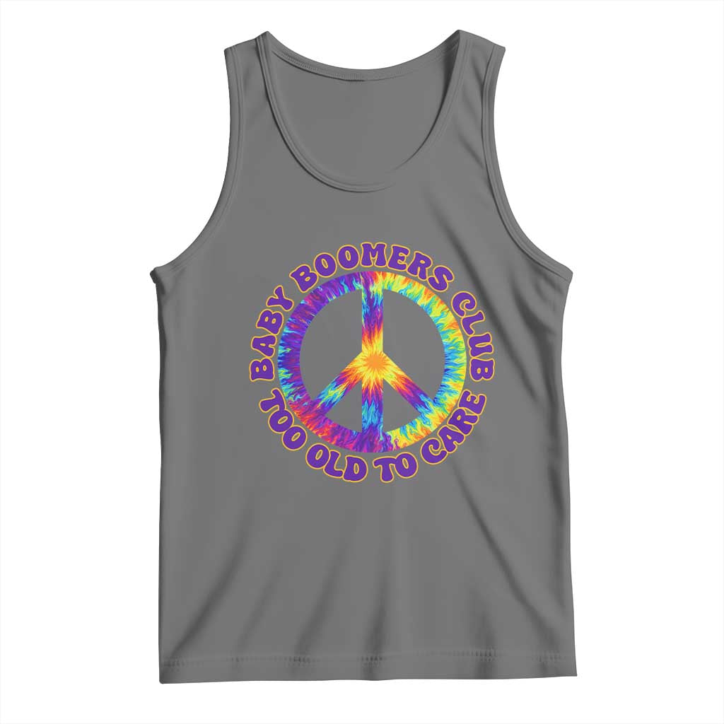 Baby Boomers Club Too Old To Care Retro Tie Dye Effect Printing Tank Top Peace Sign Groovy 60s Hippie Humor Graphic TS02 Black Heather Print Your Wear
