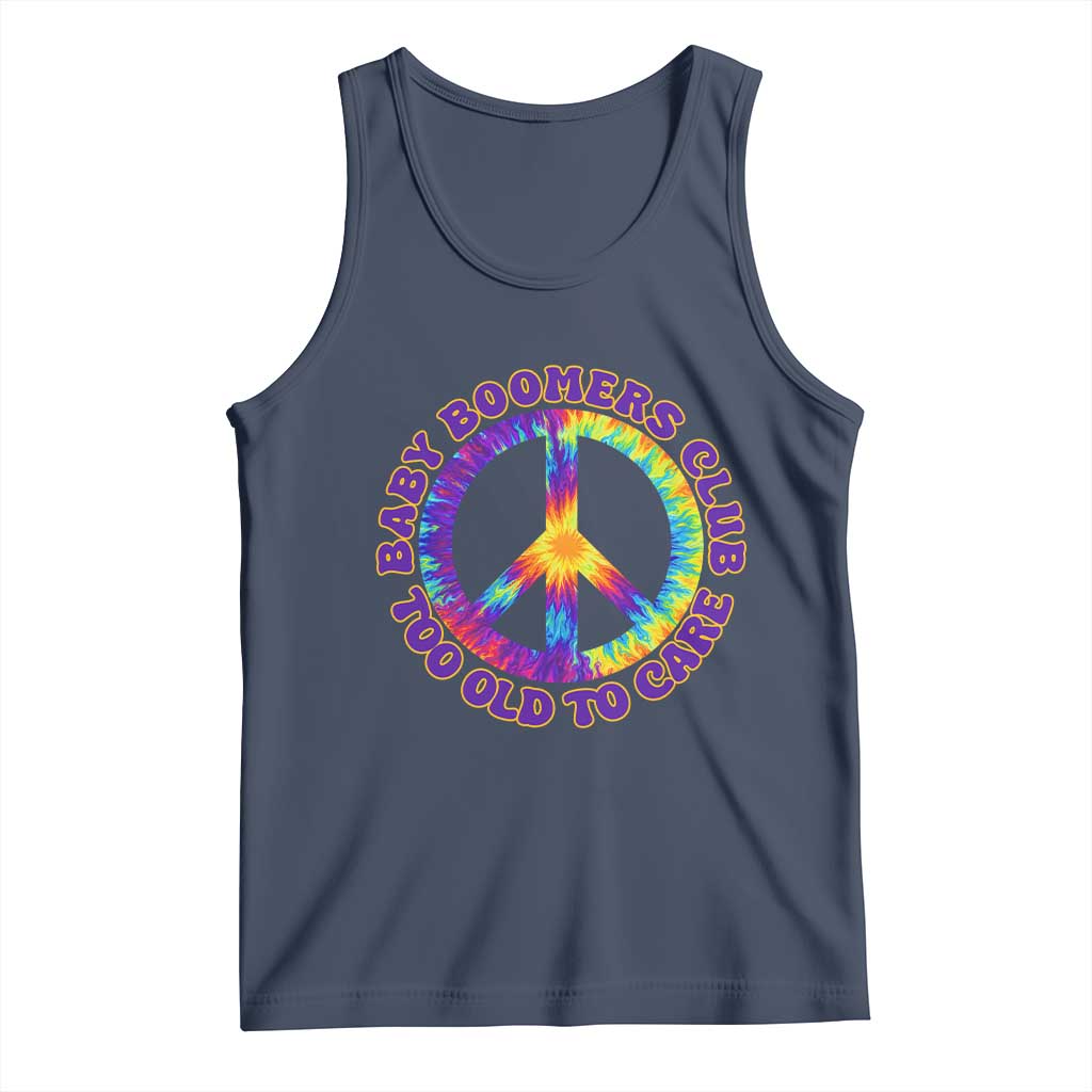 Baby Boomers Club Too Old To Care Retro Tie Dye Effect Printing Tank Top Peace Sign Groovy 60s Hippie Humor Graphic TS02 Navy Print Your Wear