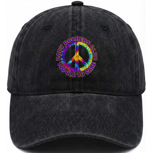 Baby Boomers Club Too Old To Care Retro Tie Dye Effect Printing Washed Cotton Baseball Cap Peace Sign Groovy 60s Hippie Humor Graphic TS02 Print Your Wear
