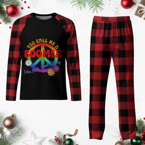 Retro Groovy Hippie Baby Boomer Generation Plaid Pajama Set Funny You Call Me A Boomer Like It's A Bad Thing Peace Sign Flower