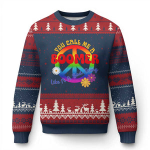 Retro Groovy Hippie Baby Boomer Generation Ugly Christmas Sweater Funny You Call Me A Boomer Like It's A Bad Thing Peace Sign Flower