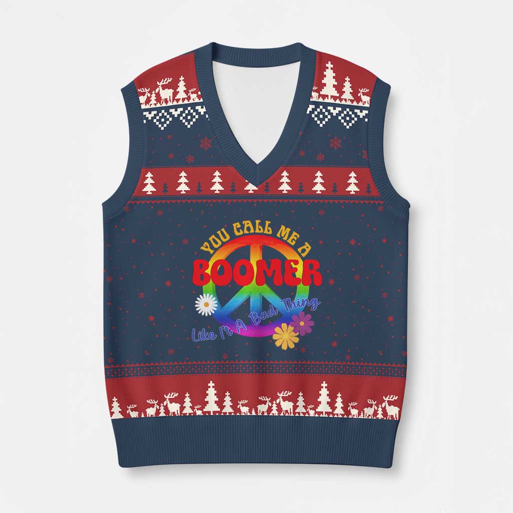 Retro Groovy Hippie Baby Boomer Generation V-Neck Knit Sweater Vest Funny You Call Me A Boomer Like It's A Bad Thing Peace Sign Flower TS02 Navy Red Print Your Wear