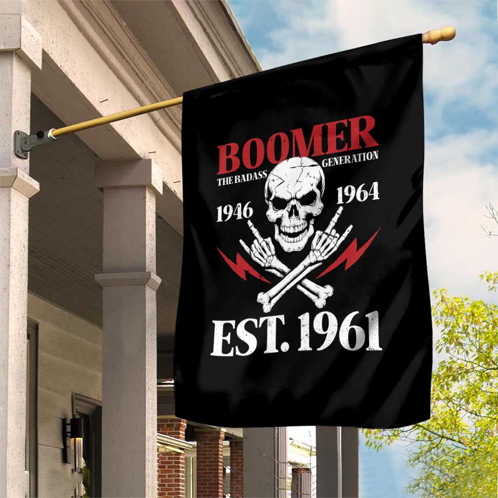 Funny Baby Boomer The Badass Generation Garden Flag EST 1961 Birthday Gift Skull Rock On Graphic