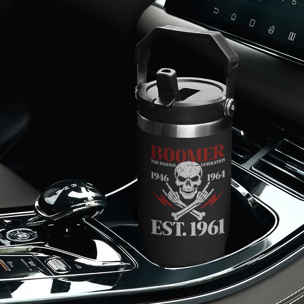 Funny Baby Boomer The Badass Generation Flip Straw Tumbler EST 1961 Birthday Gift Skull Rock On Graphic