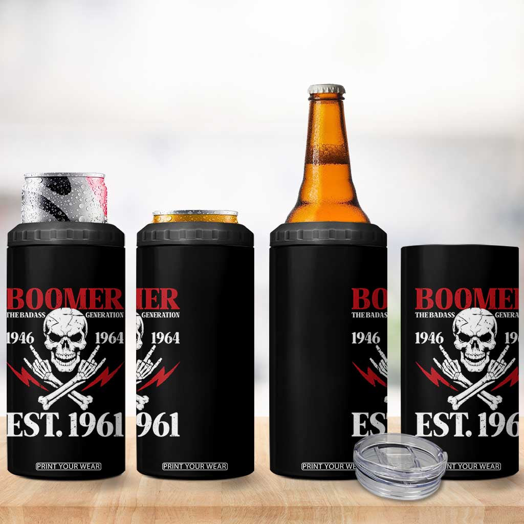 Funny Baby Boomer The Badass Generation 4 in 1 Can Cooler Tumbler EST 1961 Birthday Gift Skull Rock On Graphic