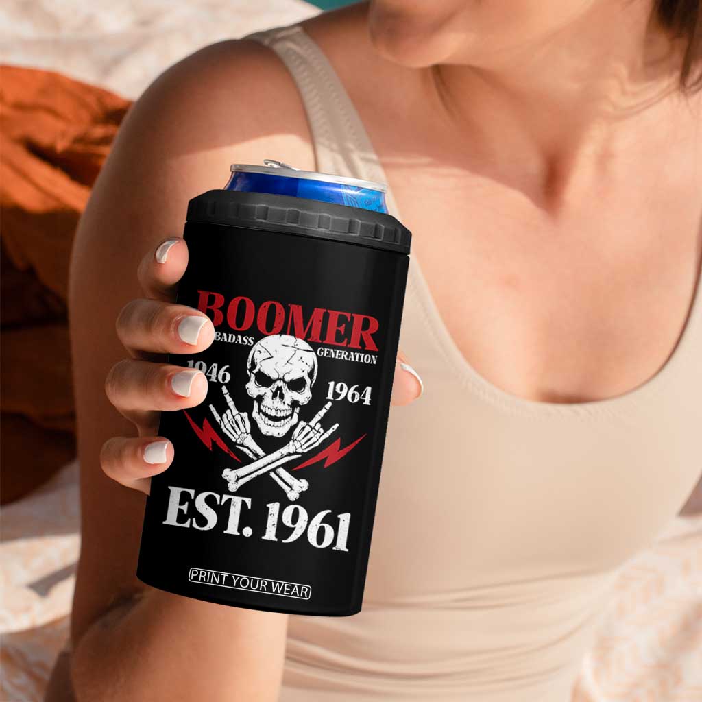 Funny Baby Boomer The Badass Generation 4 in 1 Can Cooler Tumbler EST 1961 Birthday Gift Skull Rock On Graphic