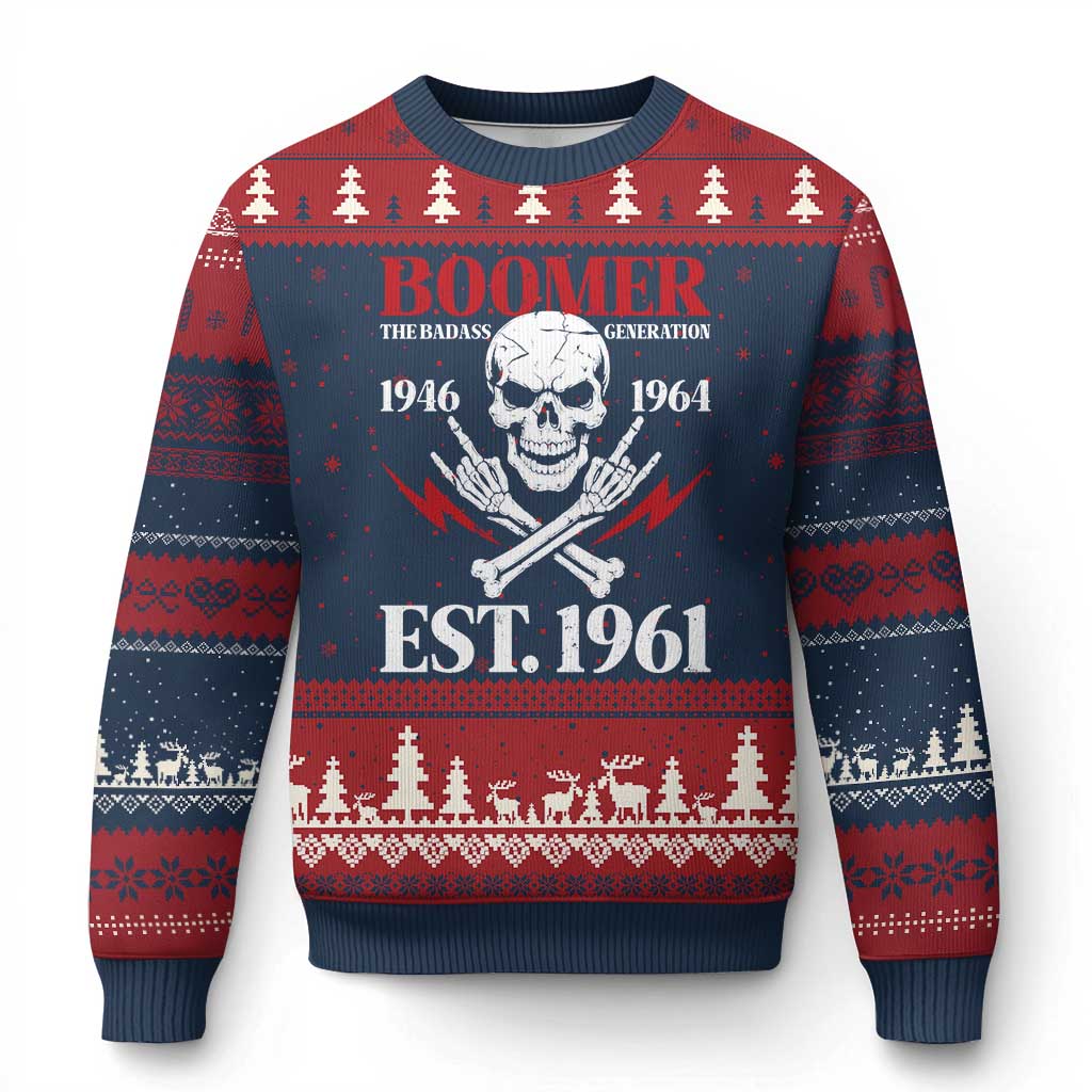 Funny Baby Boomer The Badass Generation Ugly Christmas Sweater EST 1961 Birthday Gift Skull Rock On Graphic TS02 Navy Red Print Your Wear