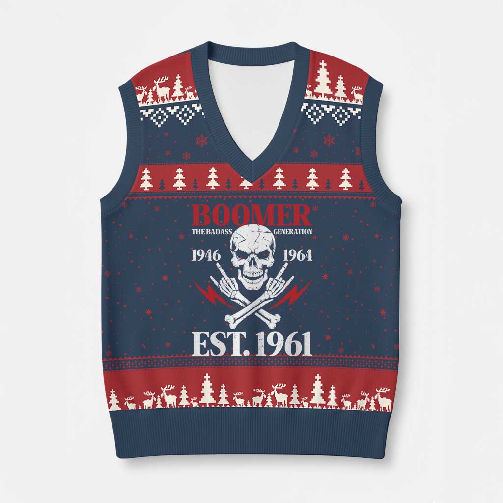 Funny Baby Boomer The Badass Generation V-Neck Knit Sweater Vest EST 1961 Birthday Gift Skull Rock On Graphic TS02 Navy Red Print Your Wear