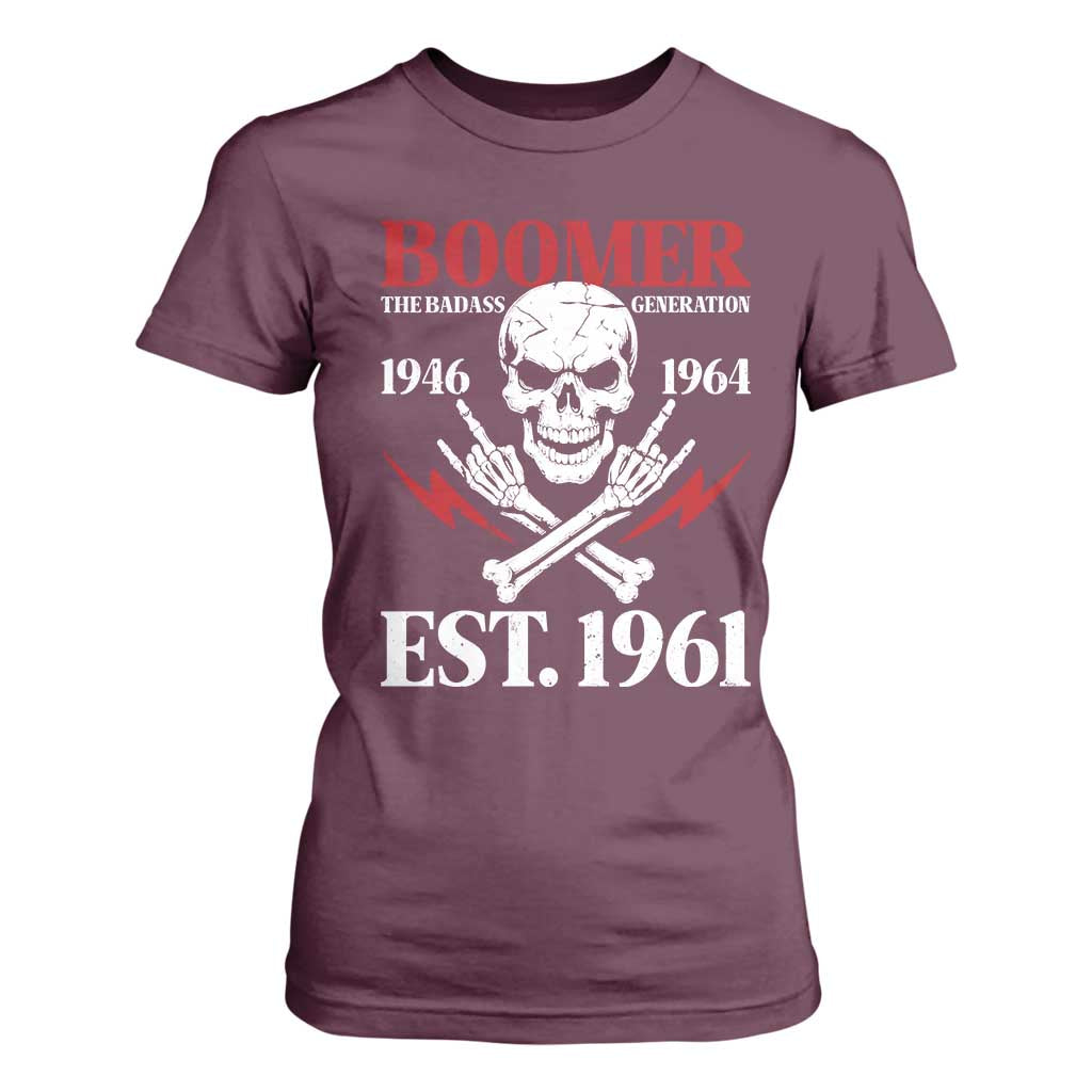 Funny Baby Boomer The Badass Generation T Shirt For Women EST 1961 Birthday Gift Skull Rock On Graphic