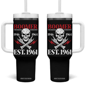 Funny Baby Boomer The Badass Generation Tumbler With Handle EST 1961 Birthday Gift Skull Rock On Graphic
