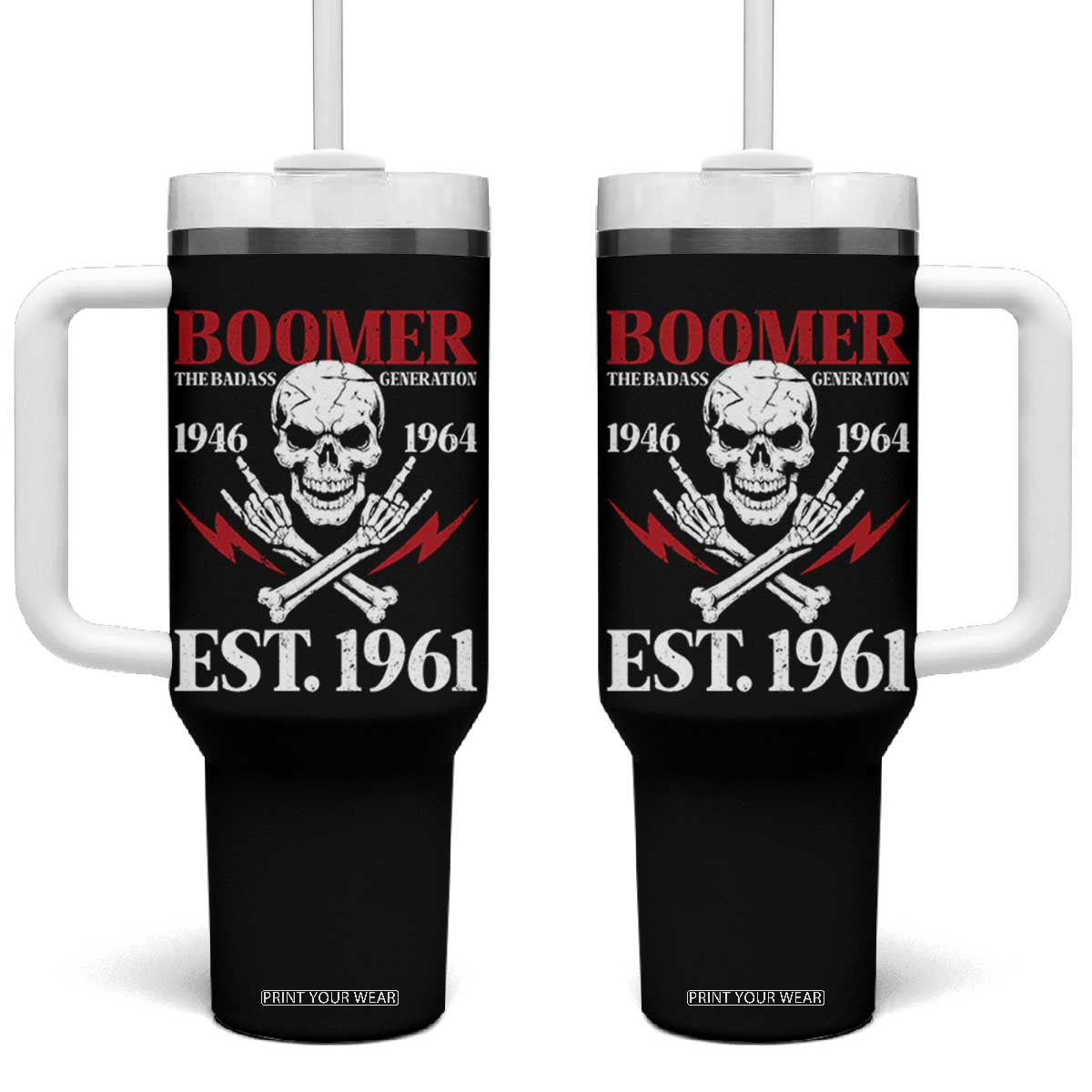 Funny Baby Boomer The Badass Generation Tumbler With Handle EST 1961 Birthday Gift Skull Rock On Graphic TS02 One Size: 40 oz Black Print Your Wear