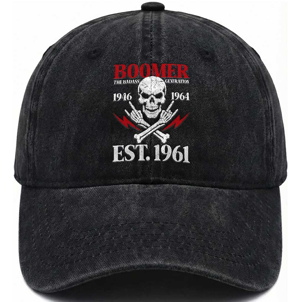 Funny Baby Boomer The Badass Generation Washed Cotton Baseball Cap EST 1961 Birthday Gift Skull Rock On Graphic TS02 Print Your Wear