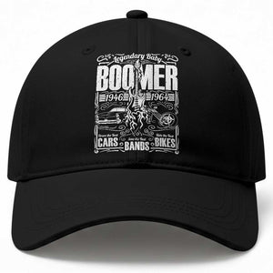 Legendary Baby Boomer Generation 1946 to 1964 Baseball Cap Vintage Rocker Classic Cars And Bikes Graphic