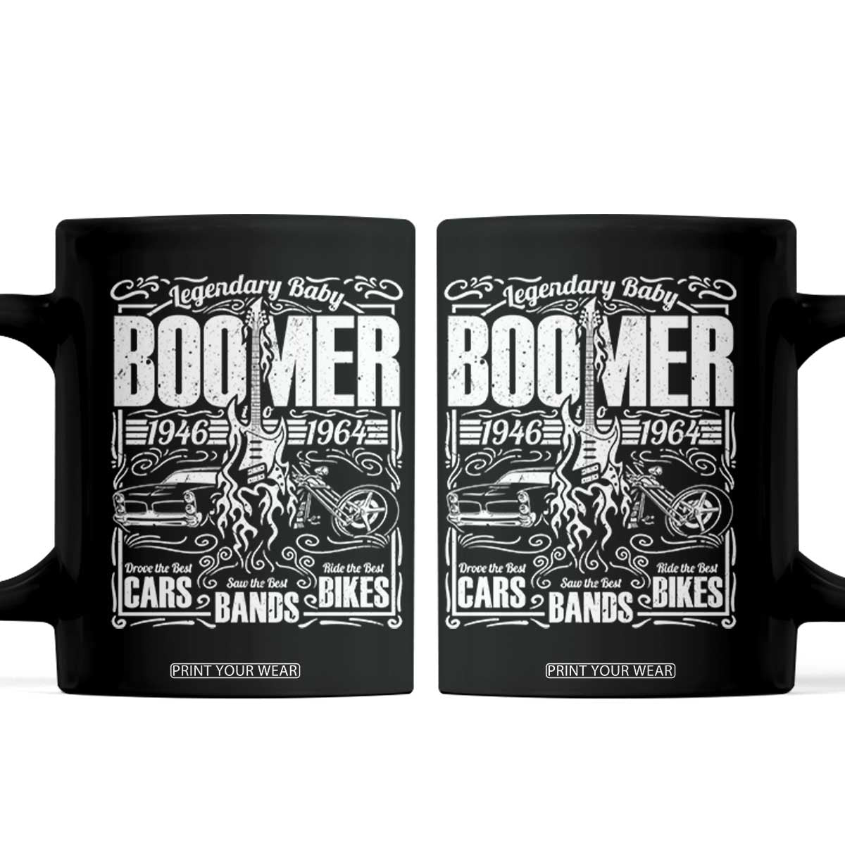 Legendary Baby Boomer Generation 1946 to 1964 Coffee Mug Vintage Rocker Classic Cars And Bikes Graphic