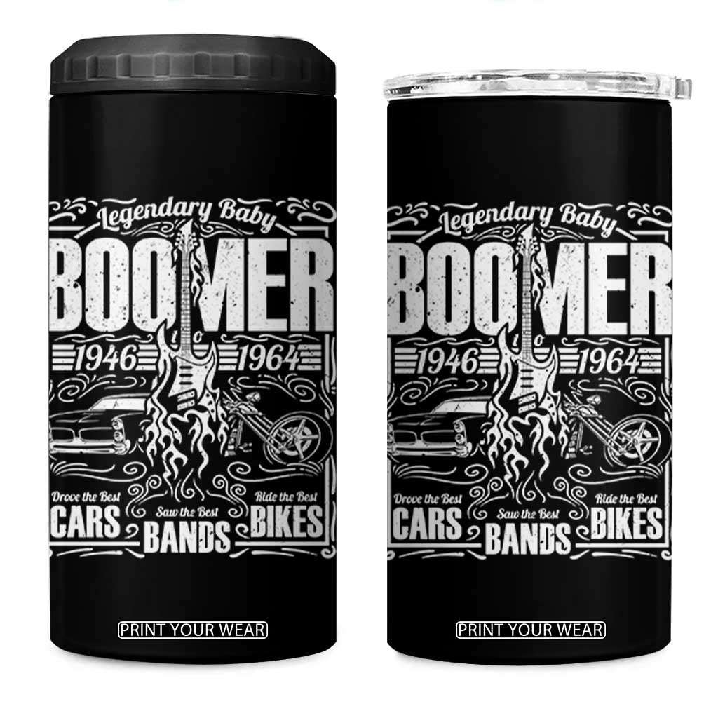 Legendary Baby Boomer Generation 1946 to 1964 4 in 1 Can Cooler Tumbler Vintage Rocker Classic Cars And Bikes Graphic