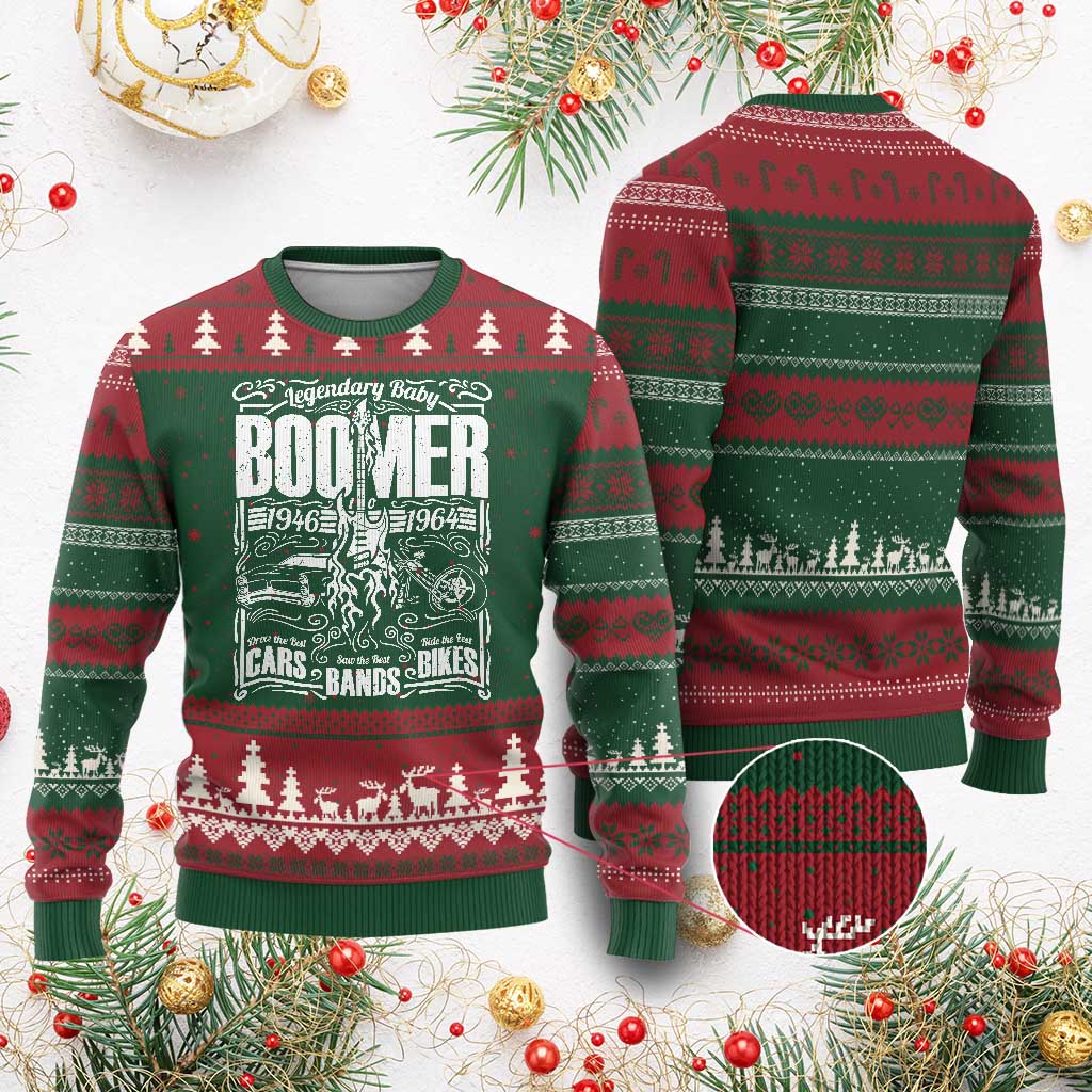Legendary Baby Boomer Generation 1946 to 1964 Ugly Christmas Sweater Vintage Rocker Classic Cars And Bikes Graphic