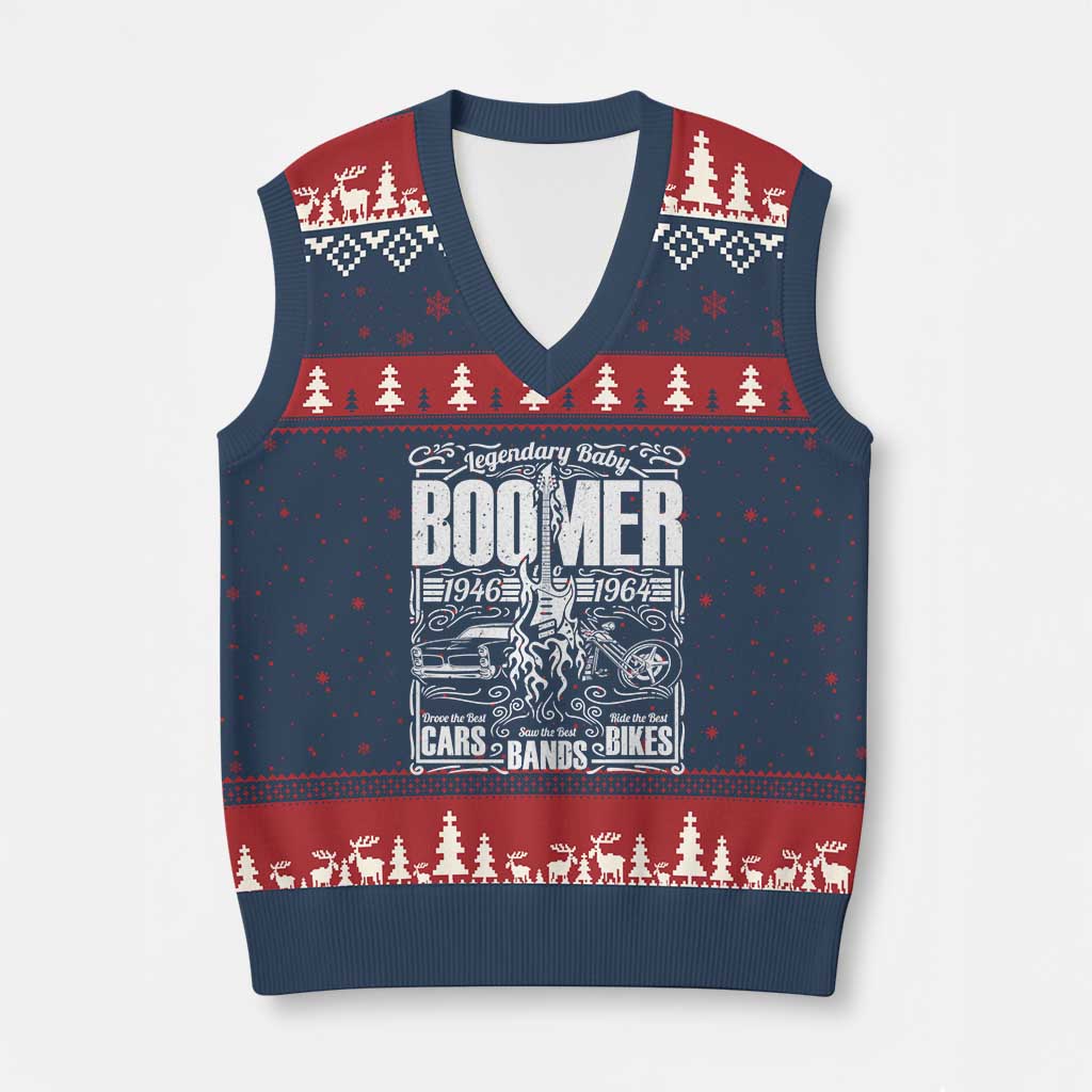 Legendary Baby Boomer Generation 1946 to 1964 V-Neck Knit Sweater Vest Vintage Rocker Classic Cars And Bikes Graphic TS02 Navy Red Print Your Wear