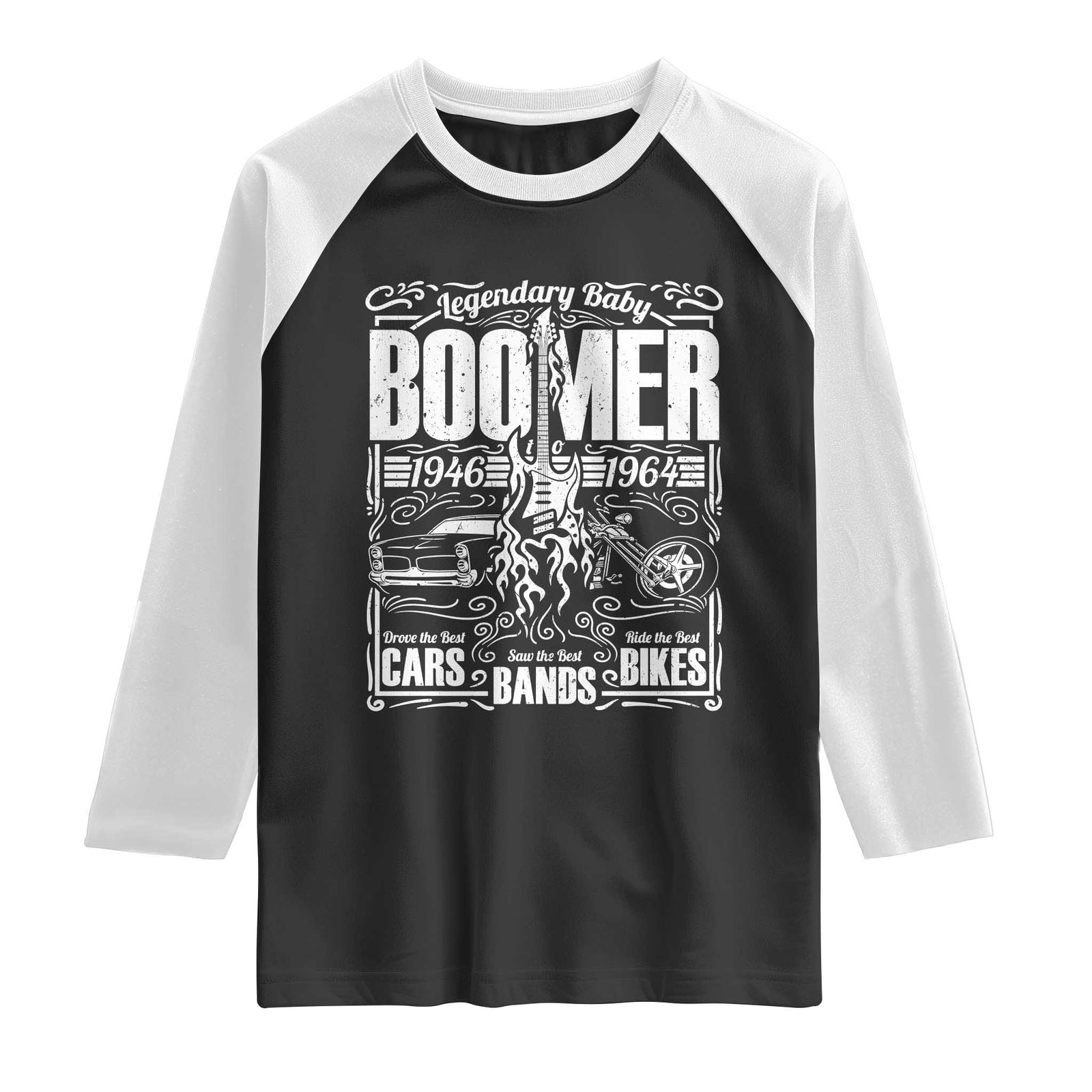 Legendary Baby Boomer Generation 1946 to 1964 Raglan Shirt Vintage Rocker Classic Cars And Bikes Graphic TS02 Black White Print Your Wear